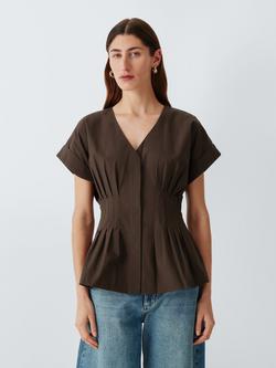 John Lewis Cotton Tuck Detail Cap Sleeve Top, Chocolate