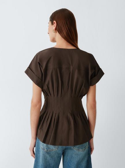 John Lewis Cotton Tuck Detail Cap Sleeve Top - view 2, Chocolate