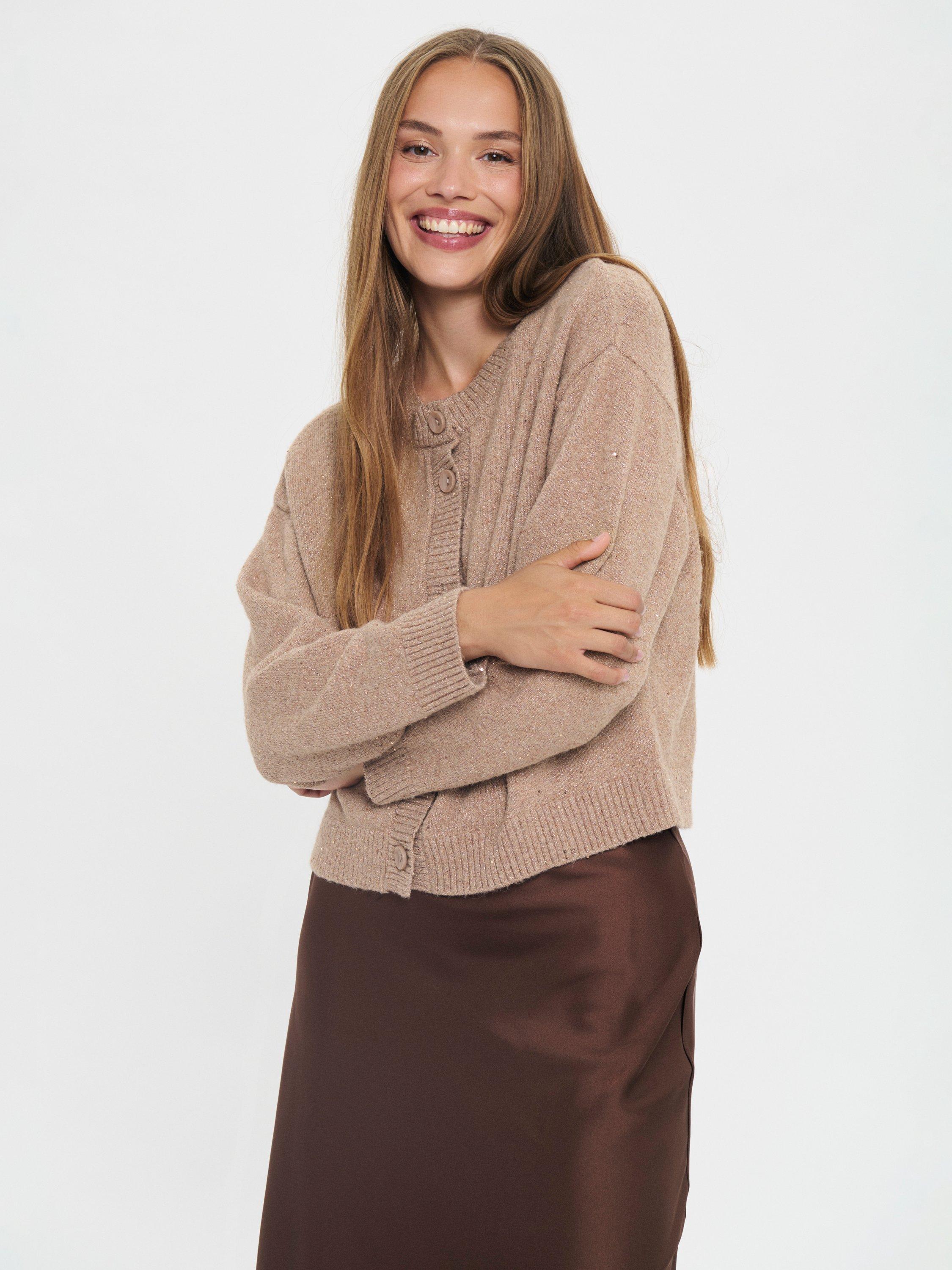 Product image 1 of 6, which shows Saint Tropez Nova Crew Neck Embellished Cardigan, Sepia Rose Melange, XS
