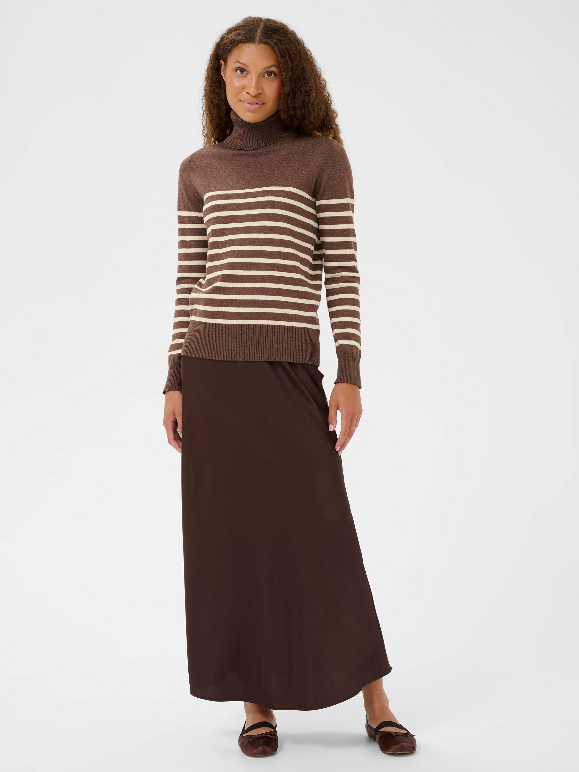 Product image 3 of 6, which shows Saint Tropez Mila Stripe Roll Neck Jumper, Brown/Cream, XS