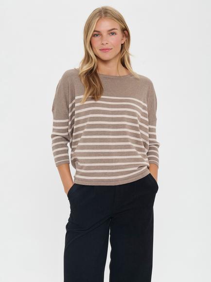 Saint Tropez Mila Stripe Three Quarter Sleeve Jumper, Beige, Beige