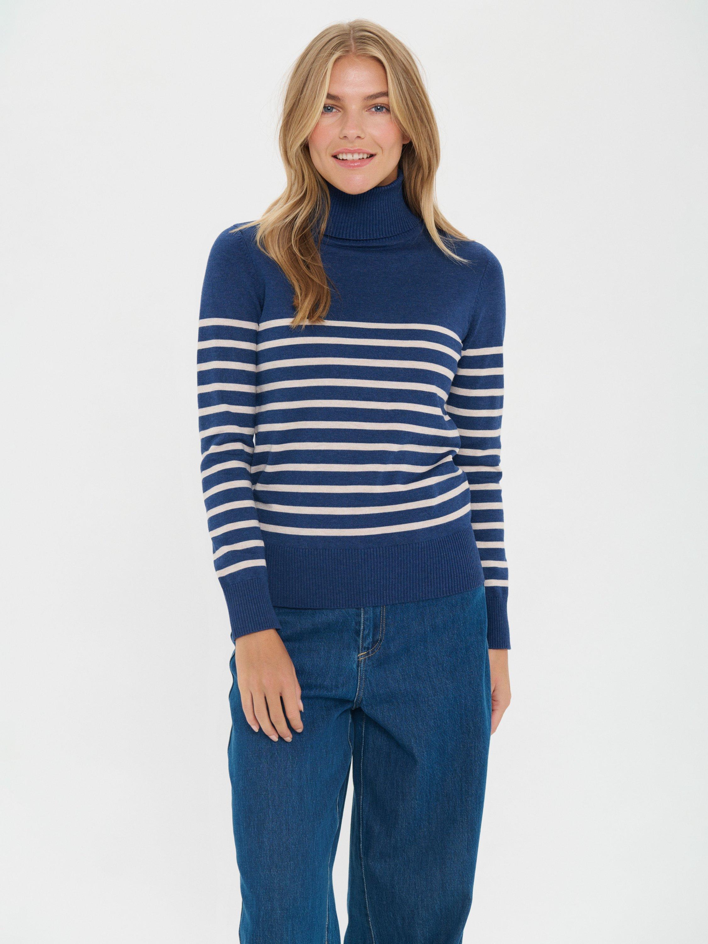 Product image 1 of 6, which shows Saint Tropez Mila Stripe Roll Neck Jumper, Blue/Multi, XS