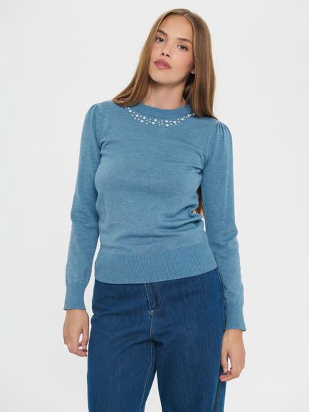 Saint Tropez Temma Embellished Neck Jumper, Blue Shadow Melange