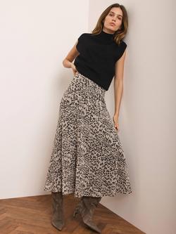 Mint Velvet Bias Cut Animal Print Midi Skirt, Brown Camel - view 2, Brown Camel
