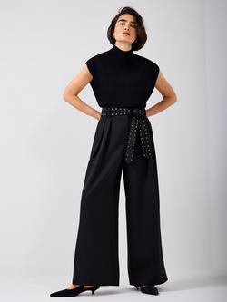 Mint Velvet Belted Wide Leg Tailored Trousers, Black, Black