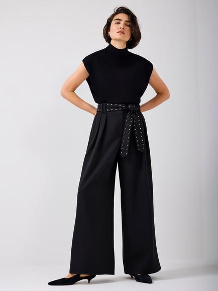 Mint Velvet Belted Wide Leg Tailored Trousers, Black, Black