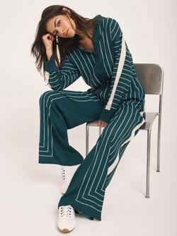 Mint Velvet Graphic Stripe Wide Leg Trousers, Dark Green - view 2, Dark Green