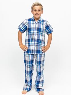 Minijammies Kids' Ashley Cotton Check Short Sleeve Pyjama Set, Dark Blue, Dark Blue
