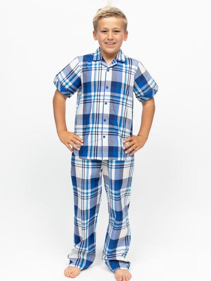 Minijammies Kids' Ashley Cotton Check Short Sleeve Pyjama Set, Dark Blue, Dark Blue