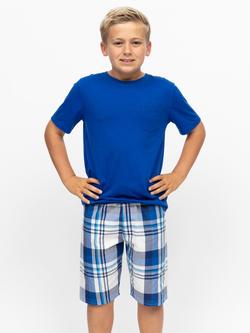 Minijammies Kids' Ashley Jersey Top & Check Short Pyjama Set, Dark Blue, Dark Blue