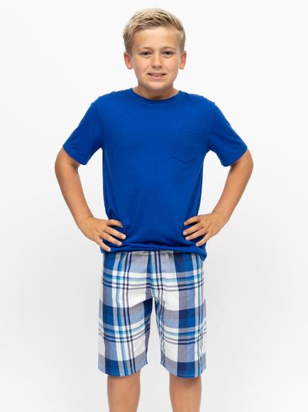 Minijammies Kids' Ashley Jersey Top & Check Short Pyjama Set, Dark Blue, Dark Blue