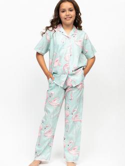 Minijammies Kids' Francesca Cotton Modal Blend Flamingo Print Short Sleeve Pyjama Set, Mint, Mint