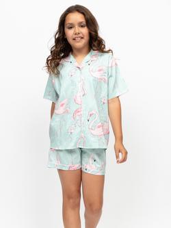 Minijammies Kids' Francesca Cotton Modal Blend Flamingo Print Short Pyjama Set, Mint, Mint