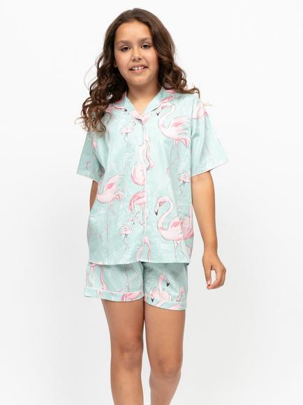 Minijammies Kids' Francesca Cotton Modal Blend Flamingo Print Short Pyjama Set, Mint, Mint