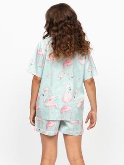 Minijammies Kids' Francesca Cotton Modal Blend Flamingo Print Short Pyjama Set, Mint - view 2, Mint