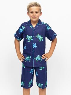 Minijammies Kids' Ashley Cotton Modal Blend Turtle Print Short Pyjama Set, Navy, Navy