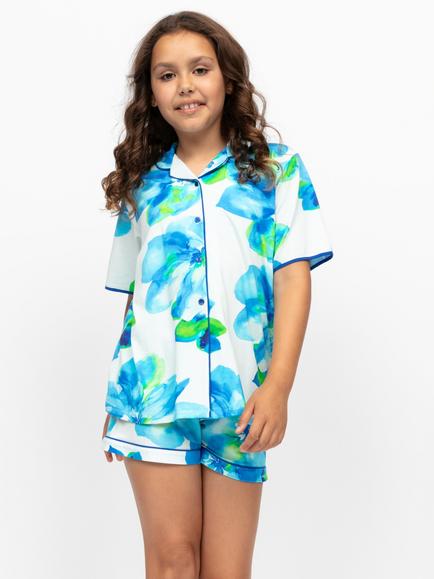 Minijammies Kids' Ashley Cotton Modal Blend Floral Print Short Pyjama Set, Dark Blue, Dark Blue
