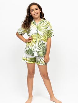 Minijammies Kids' Francesca Cotton Modal Blend Palm Leaf Print Short Pyjama Set, Green, Green