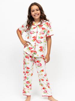 Minijammies Kids' Pippa Cotton Modal Blend Strawberry Print Short Sleeve Pyjama Set, Red, Red
