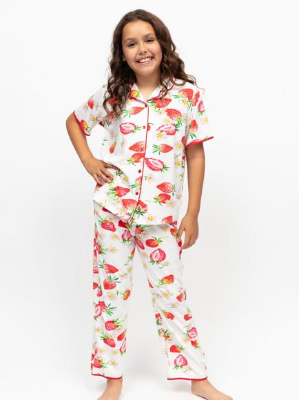 Minijammies Kids' Pippa Cotton Modal Blend Strawberry Print Short Sleeve Pyjama Set, Red, Red