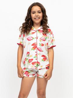 Minijammies Kids' Pippa Cotton Modal Blend Strawberry Print Short Pyjama Set, Red, Red