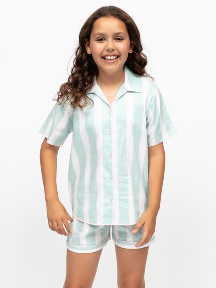 Minijammies Kids' Francesca Cotton Modal Blend Stripe Short Pyjama Set, Mint, Mint