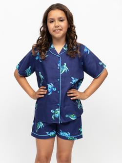 Minijammies Kids' Ashley Cotton Modal Blend Turtle Print Short Pyjama Set, Navy, Navy