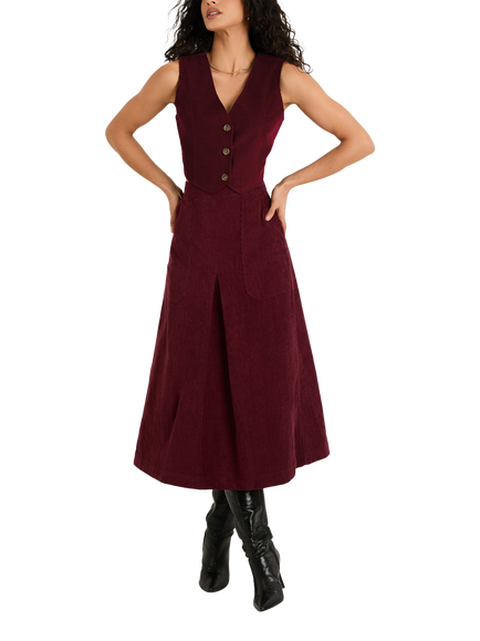 Raishma Milan Corduroy Waistcoat, Burgundy - view 2, Burgundy