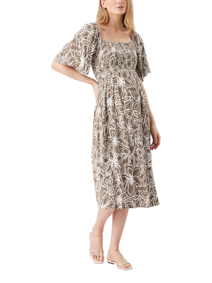 Ripe Alona Shirred Floral Maternity Dress, Olive/White, Olive/White