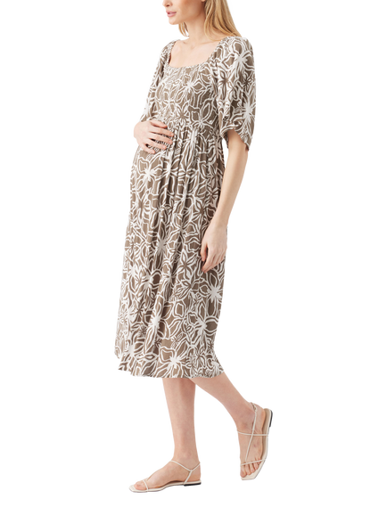 Ripe Alona Shirred Floral Maternity Dress, Olive/White - view 2, Olive/White