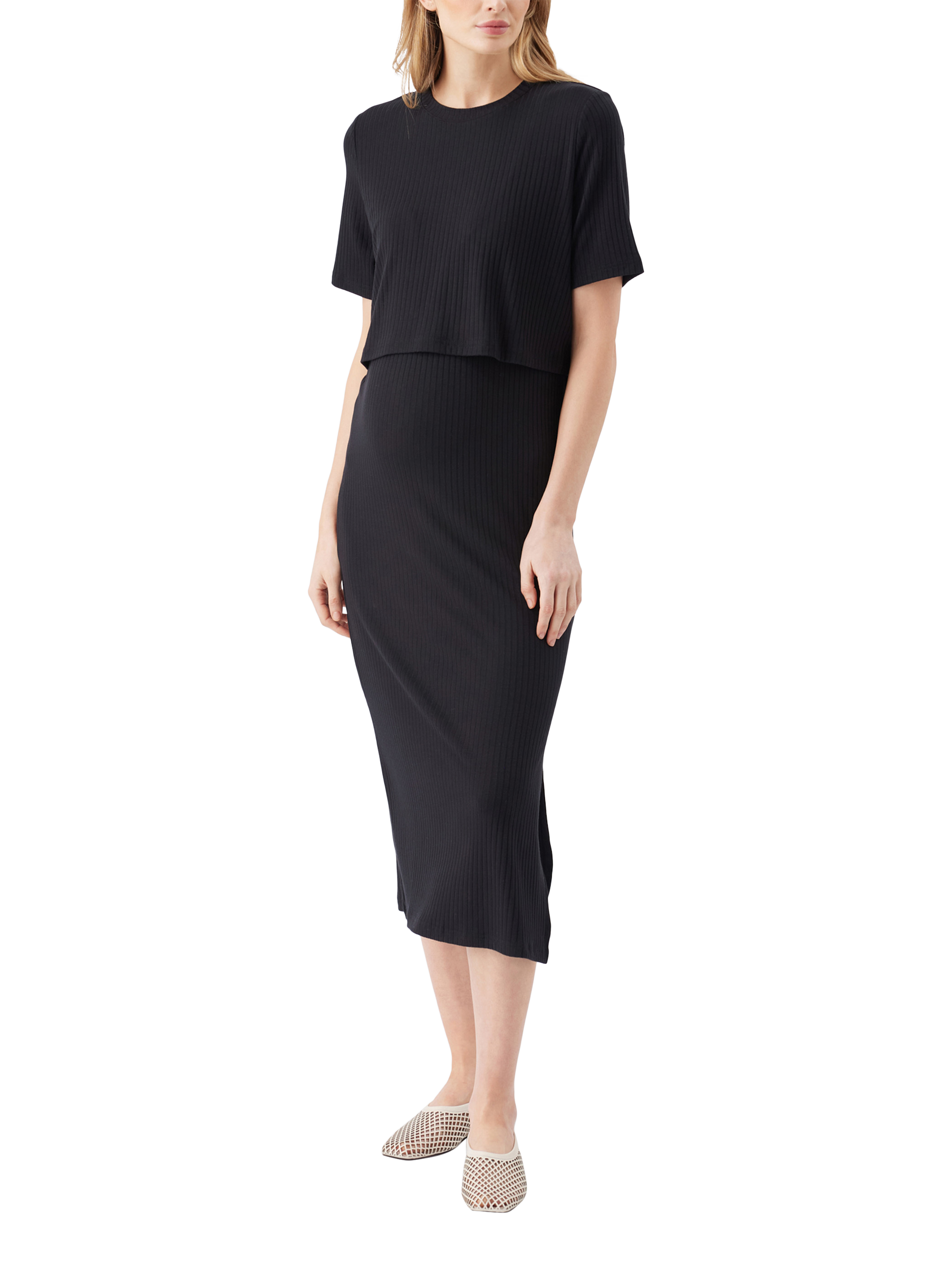 Product image 1 of 7, which shows Ripe Ivy Ribbed Nursing Dress, Black, XS