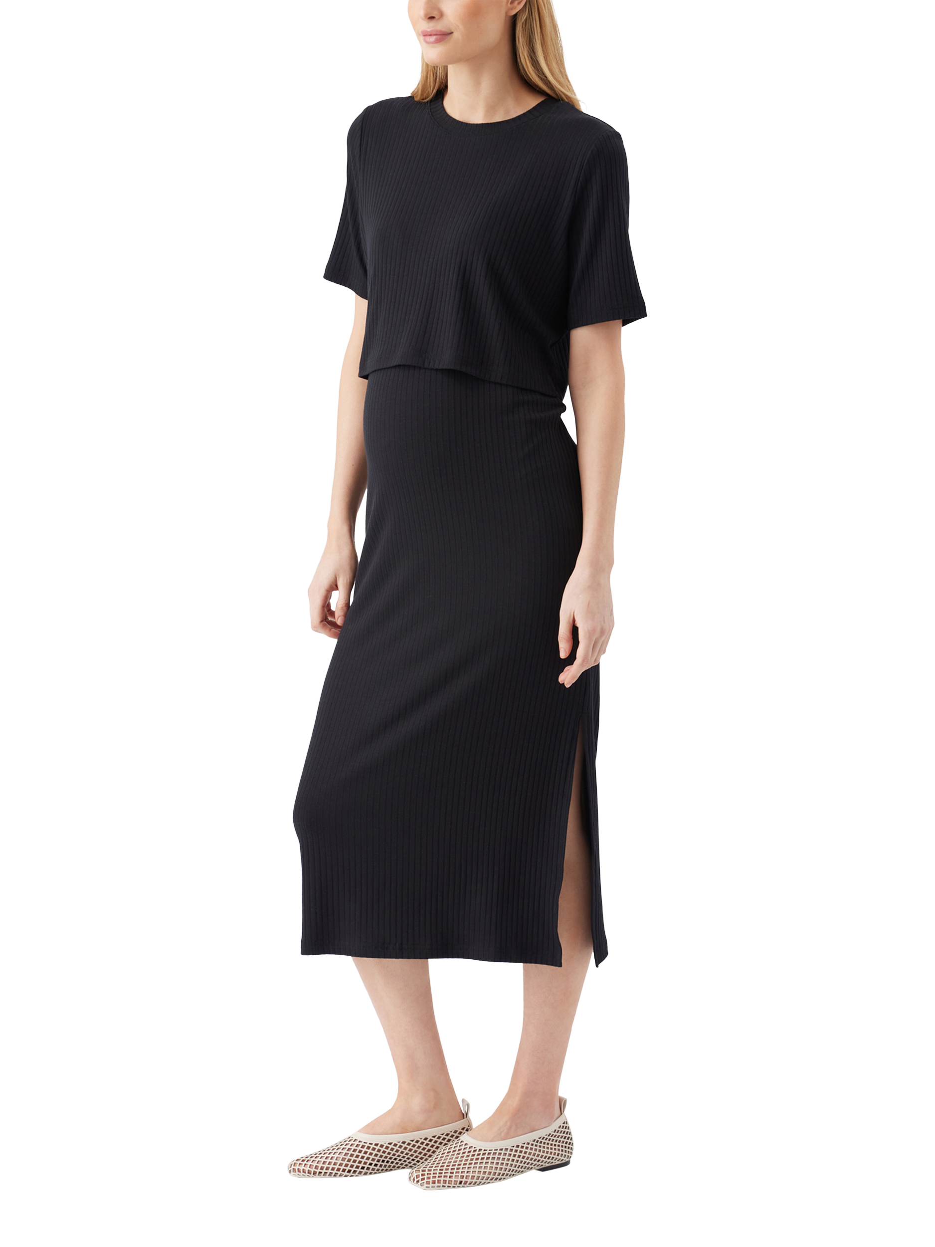Product image 4 of 7, which shows Ripe Ivy Ribbed Nursing Dress, Black, XS