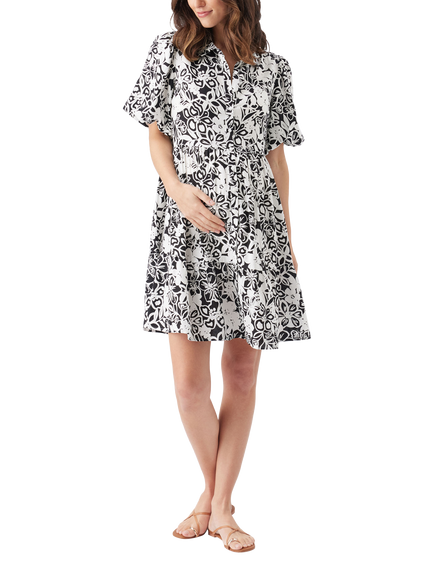 Ripe Nahla Floral Linen Rich Nursing Dress, Black/White, Black/White