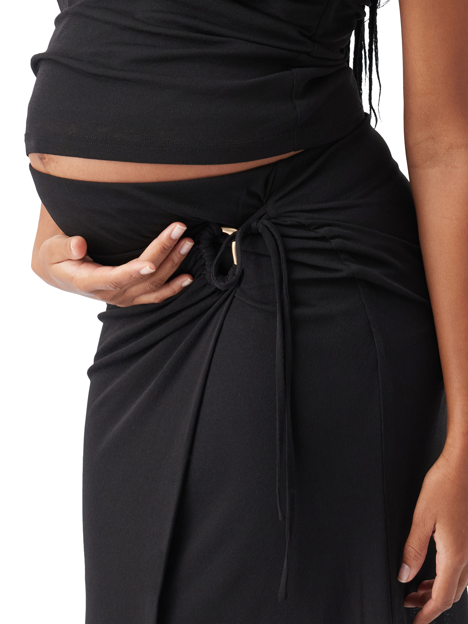 Product image 5 of 6, which shows Ripe Rhi Mock Wrap Maternity Skirt, Black, XS