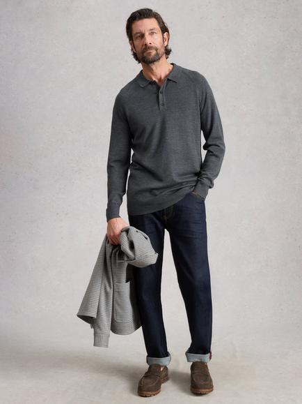 White Stuff Newport Merino Wool Regular Fit Long Sleeve Polo Shirt, Grey, Grey