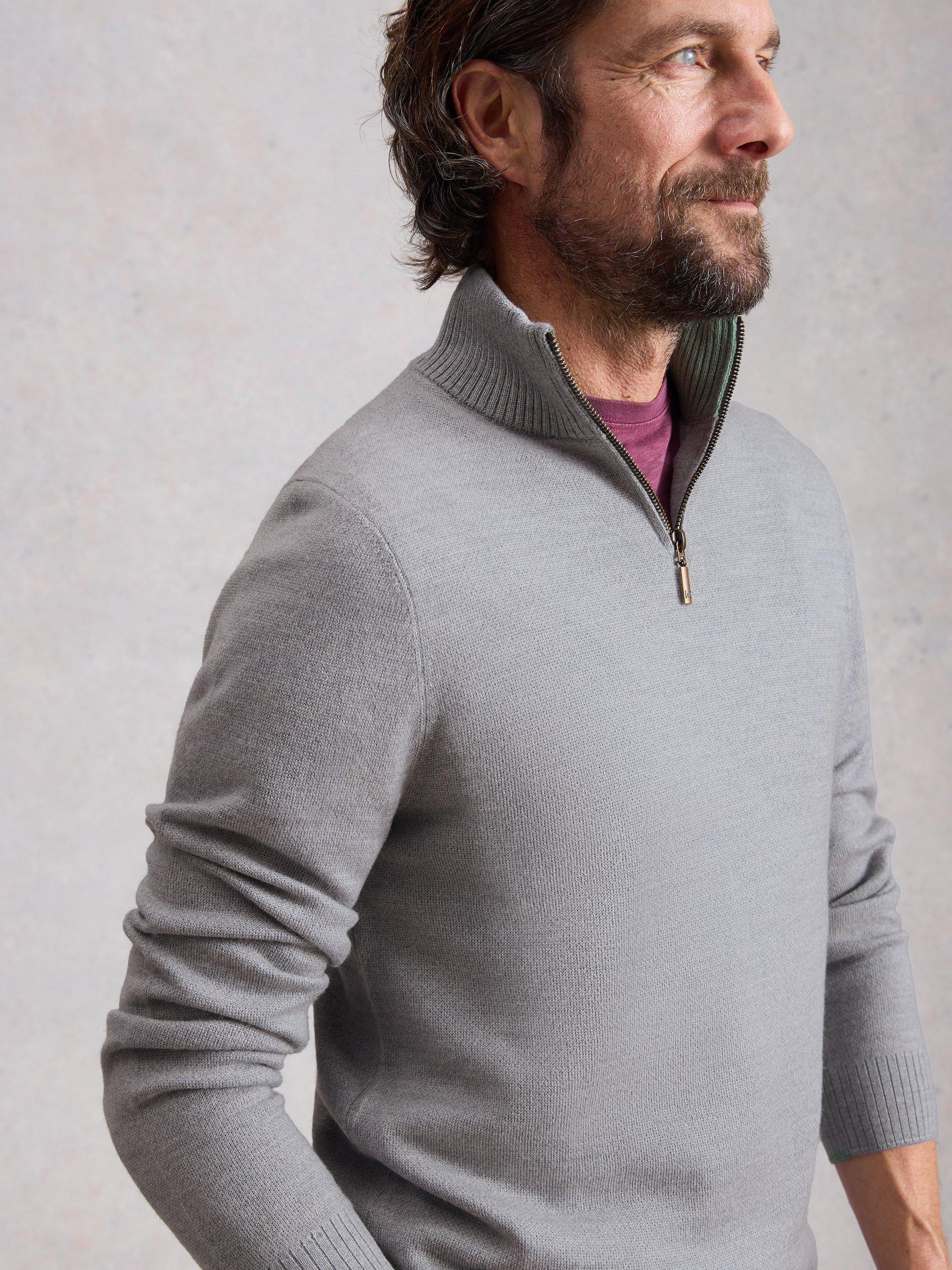 Product image 3 of 6, which shows White Stuff Newport Merino Wool Quarter-Zip Jumper, Light Grey, S Reg