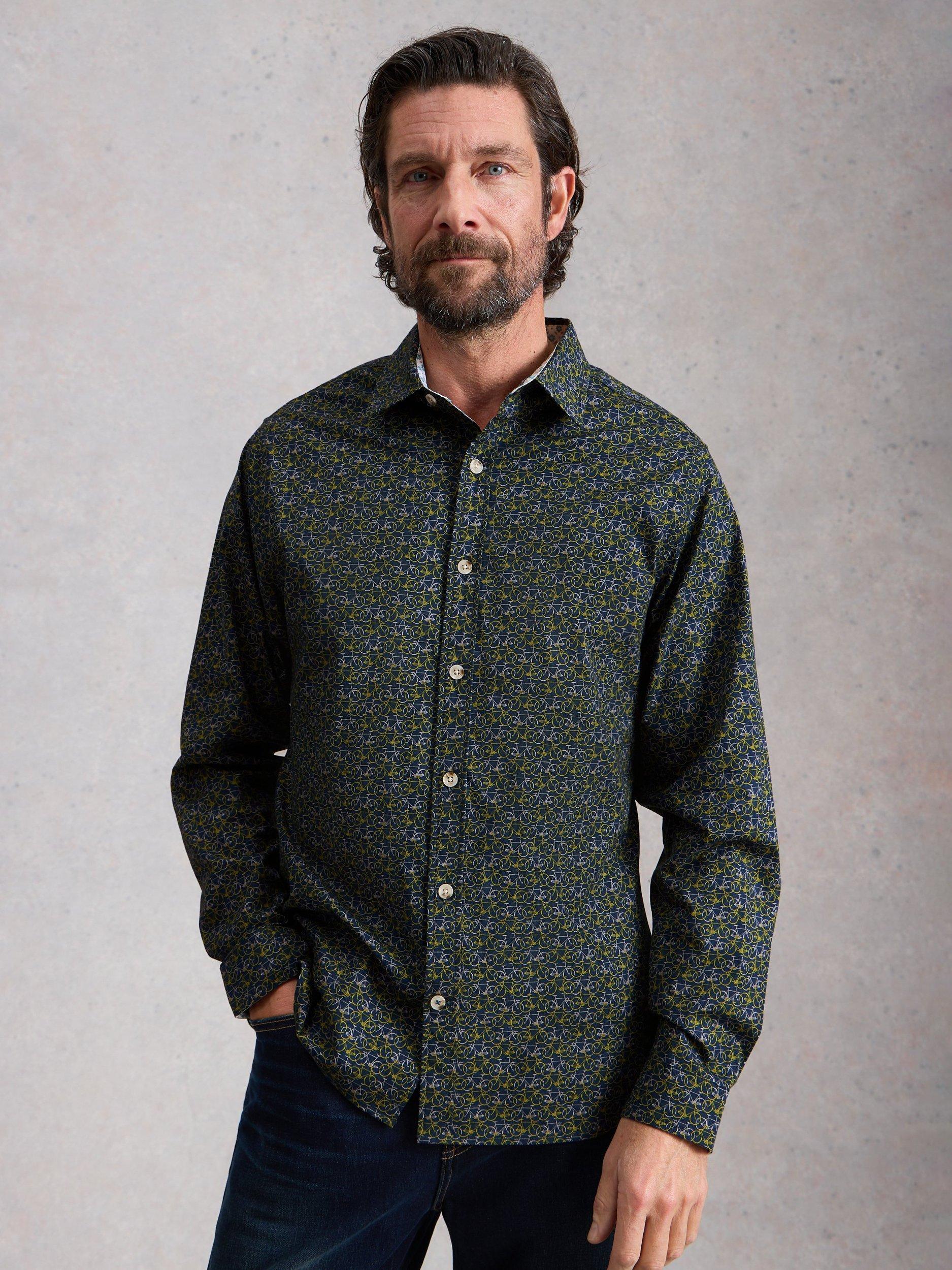 Product image 1 of 6, which shows White Stuff Salcombe Cotton Blend Slim Fit Abstract Shirt, Navy/Multi, S Reg