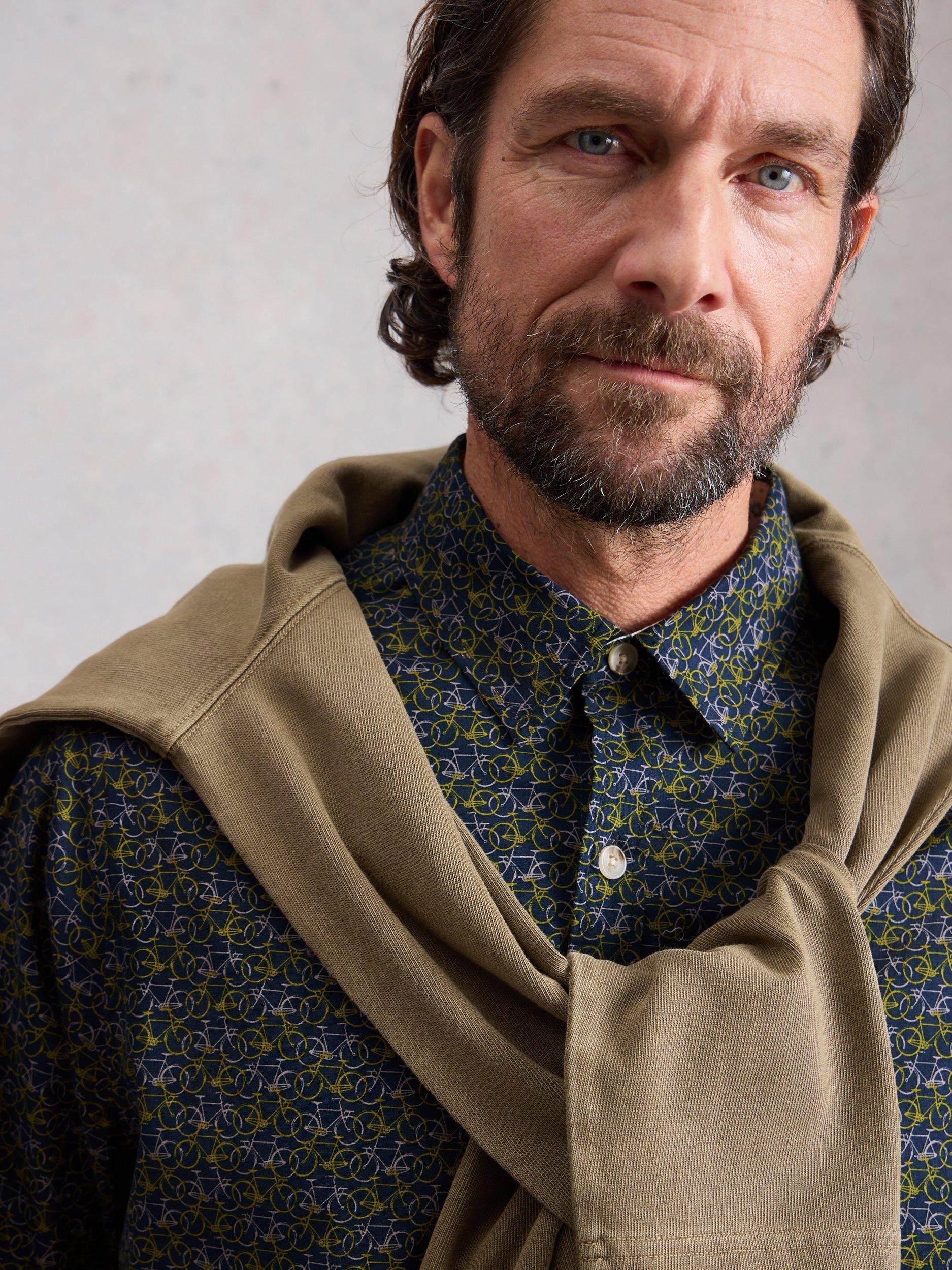 Product image 4 of 6, which shows White Stuff Salcombe Cotton Blend Slim Fit Abstract Shirt, Navy/Multi, S Reg