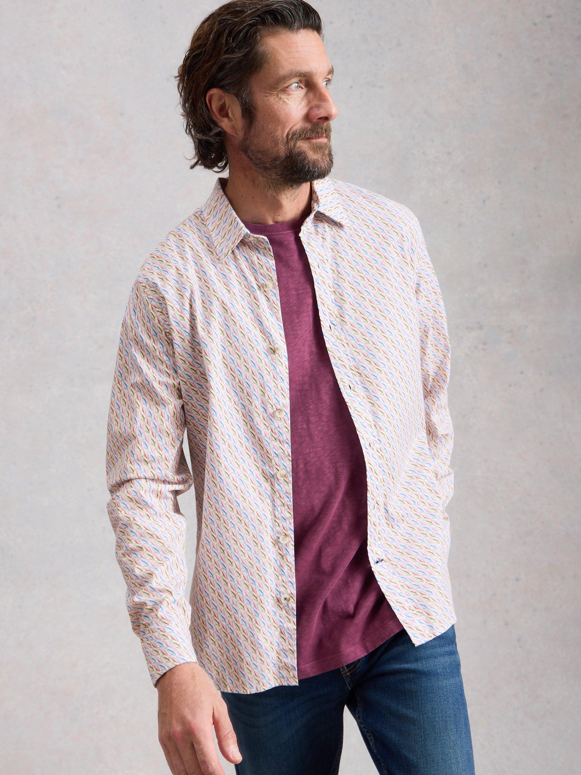 Product image 3 of 6, which shows White Stuff Salcombe Cotton Blend Regular Fit Abstract Shirt, White/Multi, S Reg