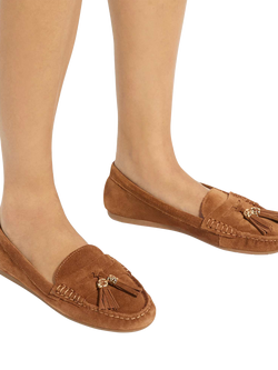 Dune London Geen Tassle Detail Suede Loafers, Brown - view 2, Dark Tan