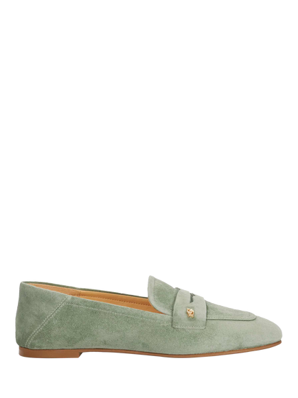 Dune London Glances Suede Crush Back Logo Penny Loafers, Green