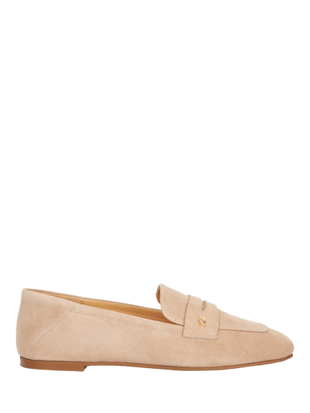 Dune London Glances Suede Crush Back Logo Penny Loafers, Sand