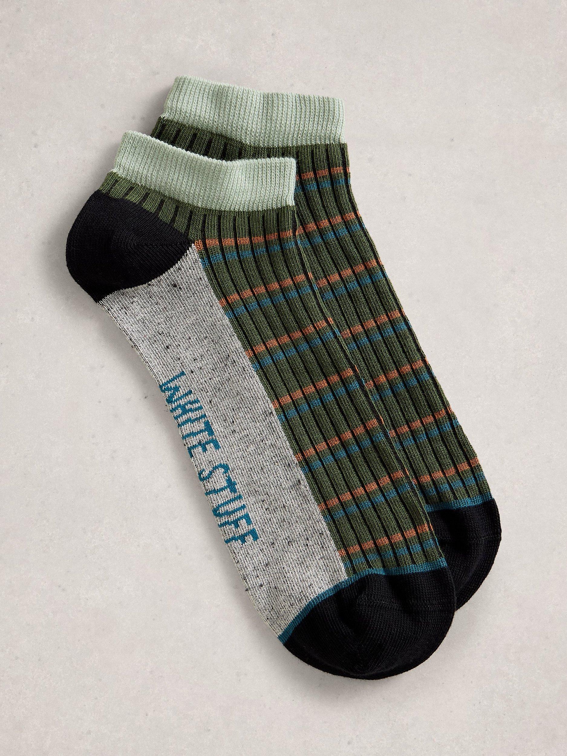 Product image 1 of 2, which shows White Stuff Stripe Trainer Socks, Dark Green, 7-8.5