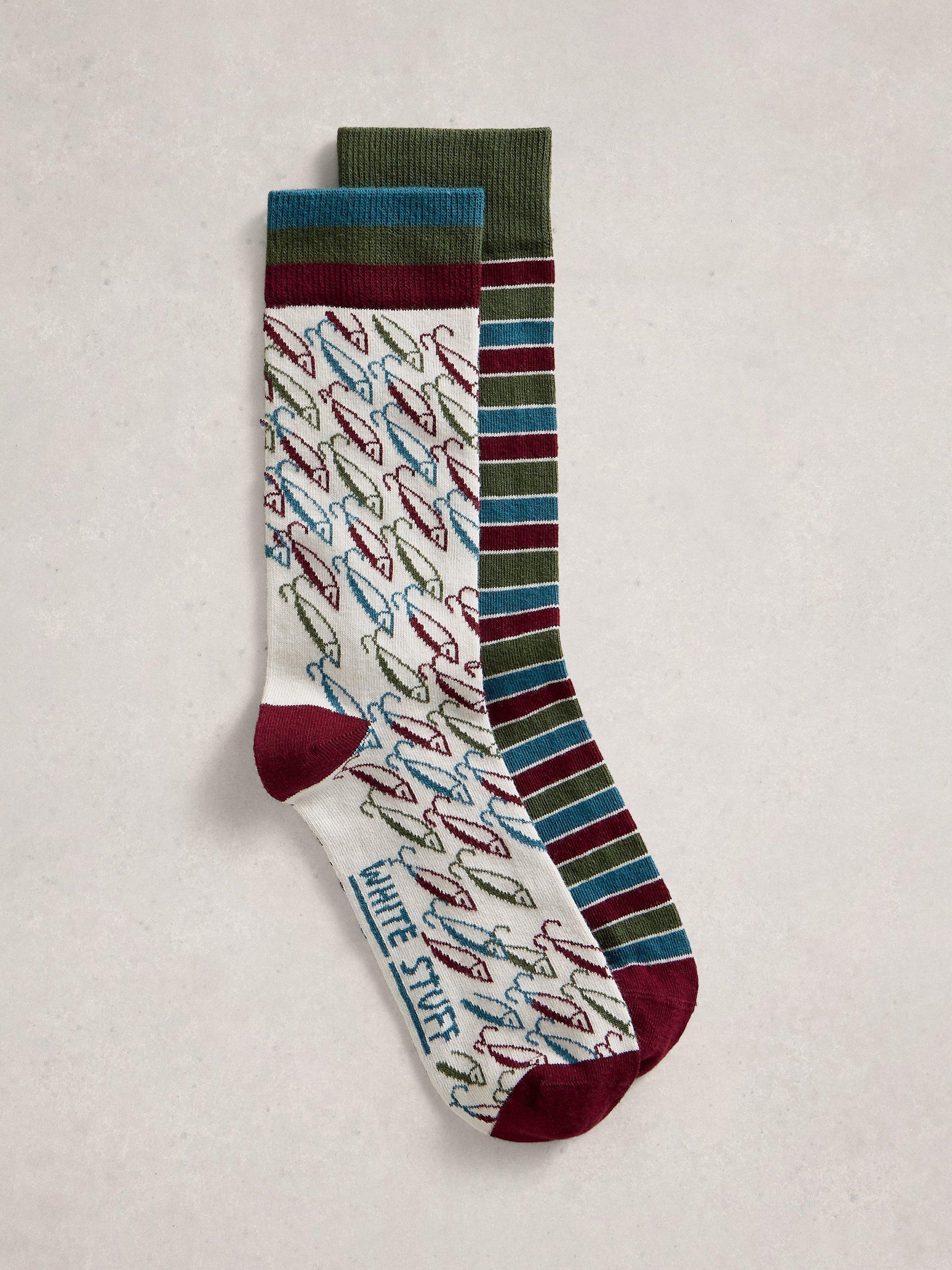 Product image 1 of 2, which shows White Stuff Pattern & Stripe Ankle Socks, Pack of 2, Red, 7-8.5