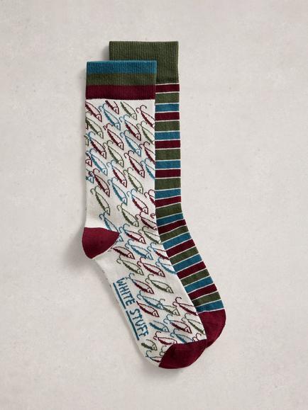 White Stuff Pattern & Stripe Ankle Socks, Pack of 2, Red, Red