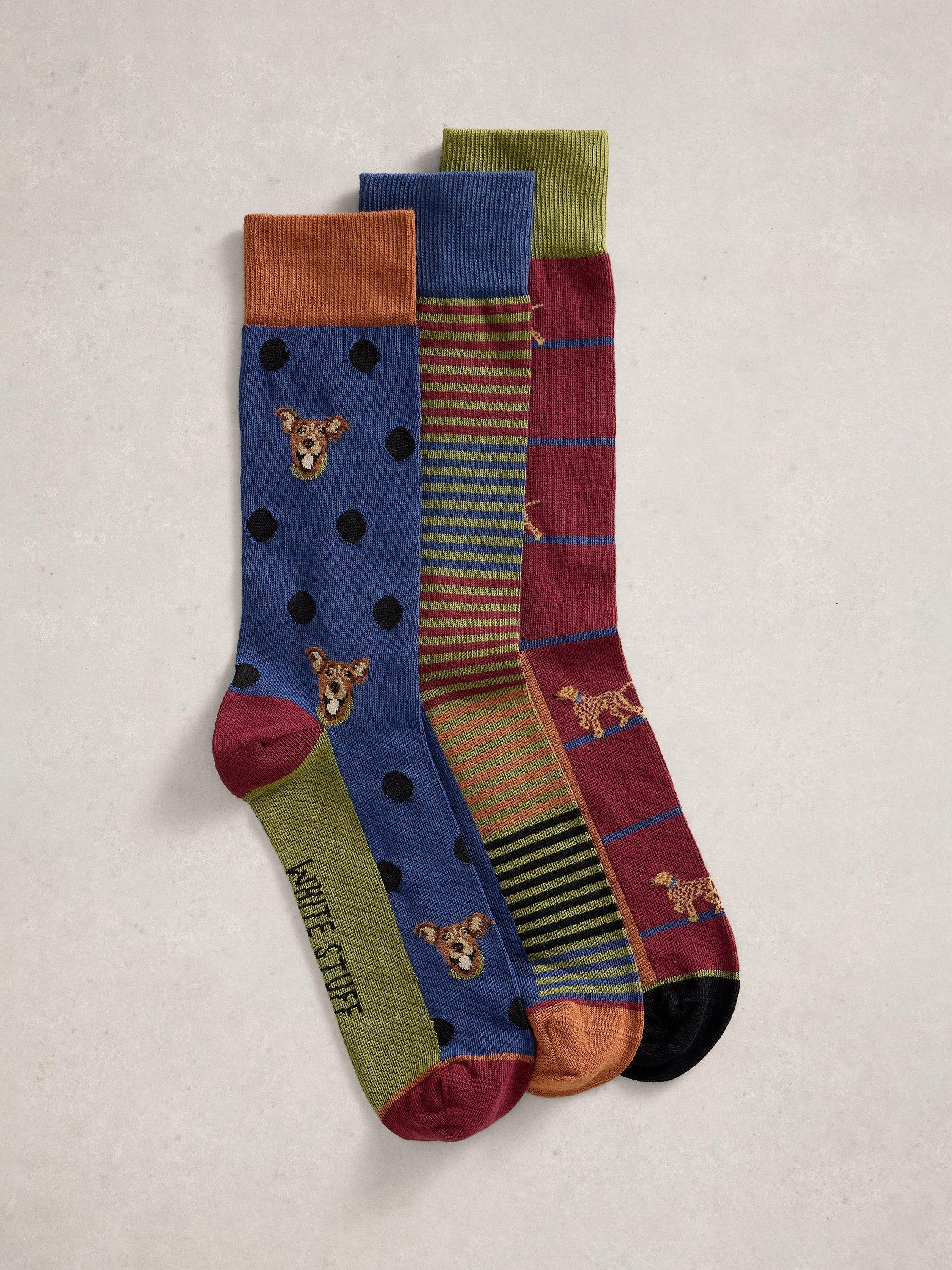 Product image 1 of 2, which shows White Stuff Dog & Stripe Socks, Pack of 3, Brown/Multi, 7-8.5