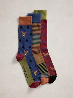White Stuff Dog & Stripe Socks, Pack of 3, Brown/Multi, Brown/Multi