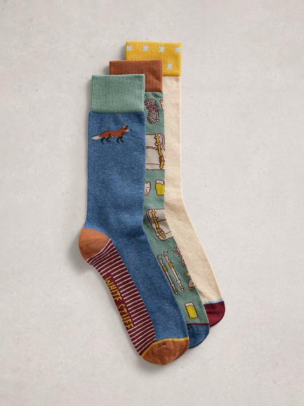 White Stuff Outdoor Adventure Socks, Pack of 3, Green/Multi, Green/Multi
