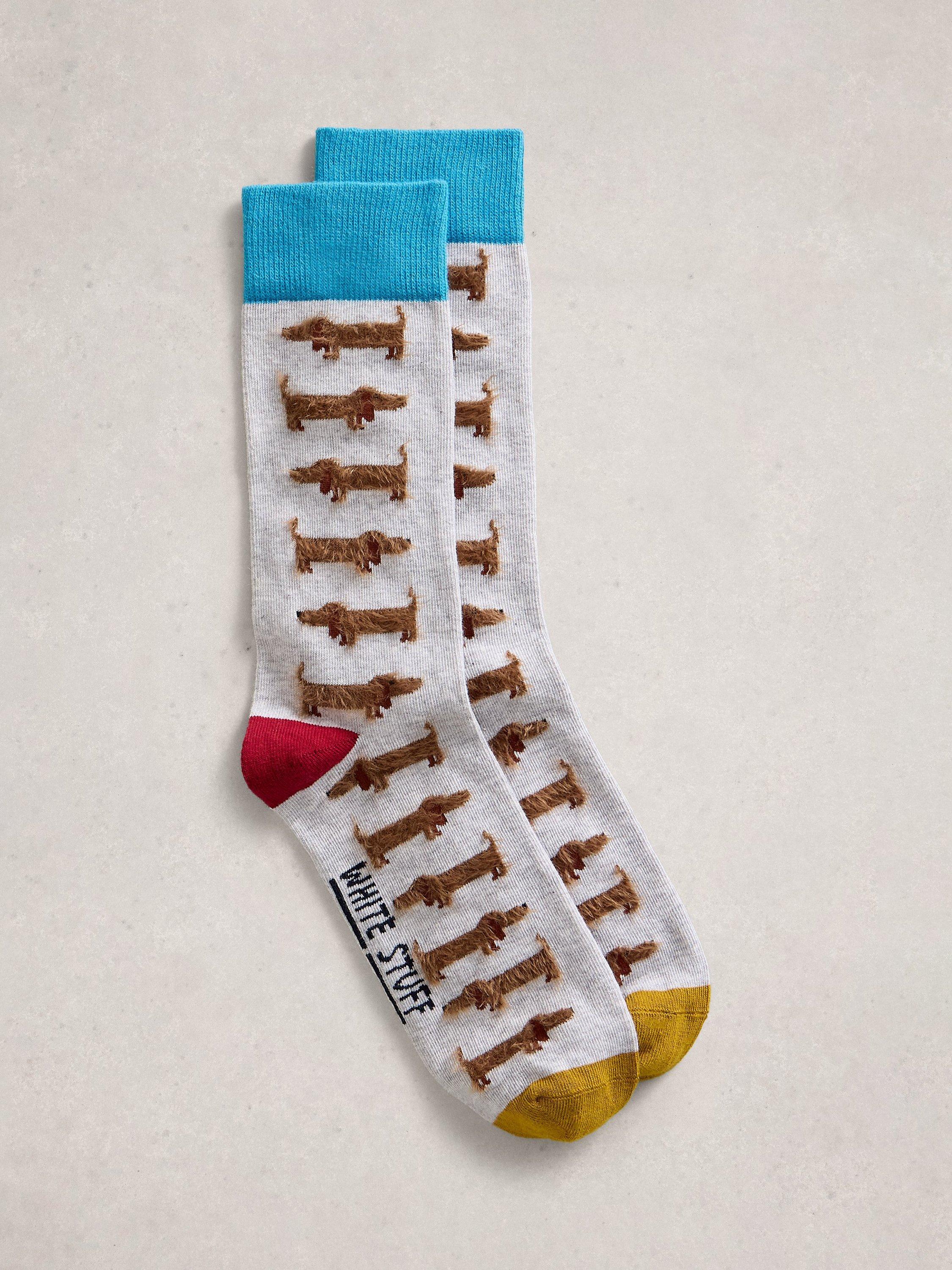 Product image 1 of 2, which shows White Stuff Fluffy Sausage Dog Ankle Socks, Grey/Multi, 7-8.5