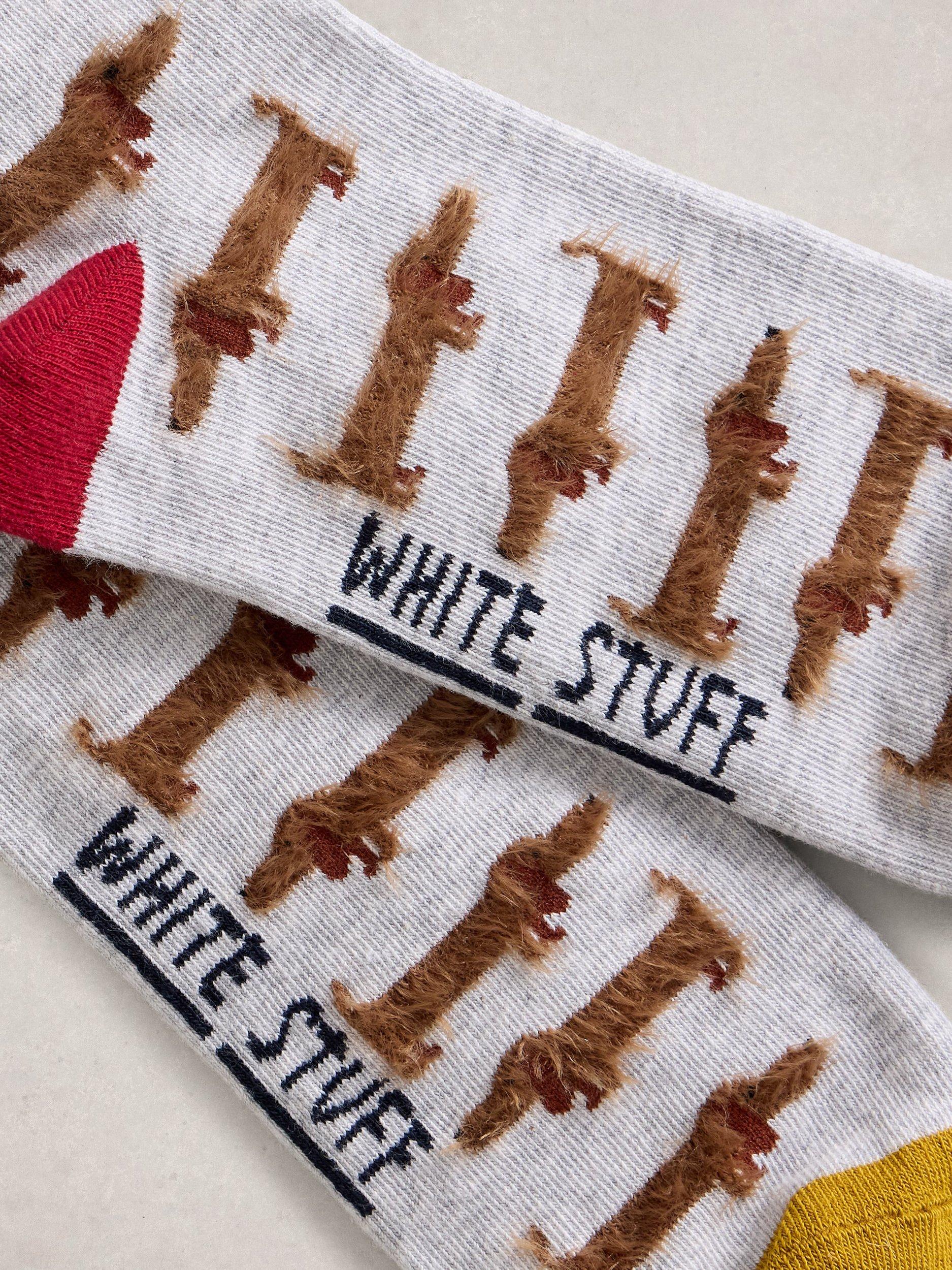 Product image 2 of 2, which shows White Stuff Fluffy Sausage Dog Ankle Socks, Grey/Multi, 7-8.5
